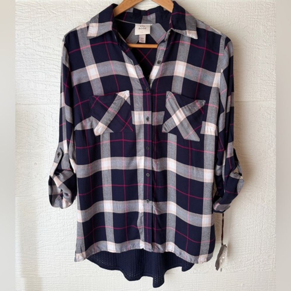 Knox Rose Plaid Button Down Top XS Navy Pink Hi Low Roll Tab NWT